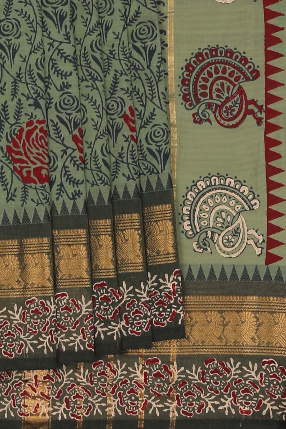 Image of Sage Green Block Printed South Cotton Saree